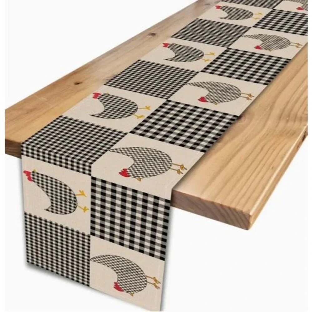 Chicken Table Runner 13x108in Linen Checkered Rustic Farmhouse